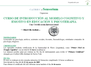 CURSO DE INTRODUCCIÓN AL MODELO COGNITIVO Y EMOTIVO EN EDUCACIÓN Y PSICOTERAPIA 